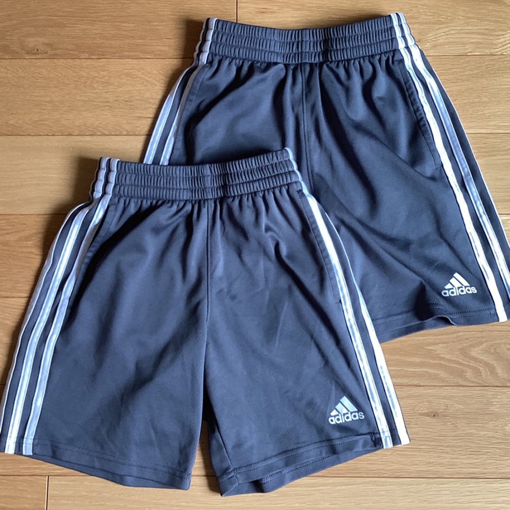 2 Pairs Grey Adidas Boys' Classic 3 Stripe Athletic Shorts - 2 Sizes S and M